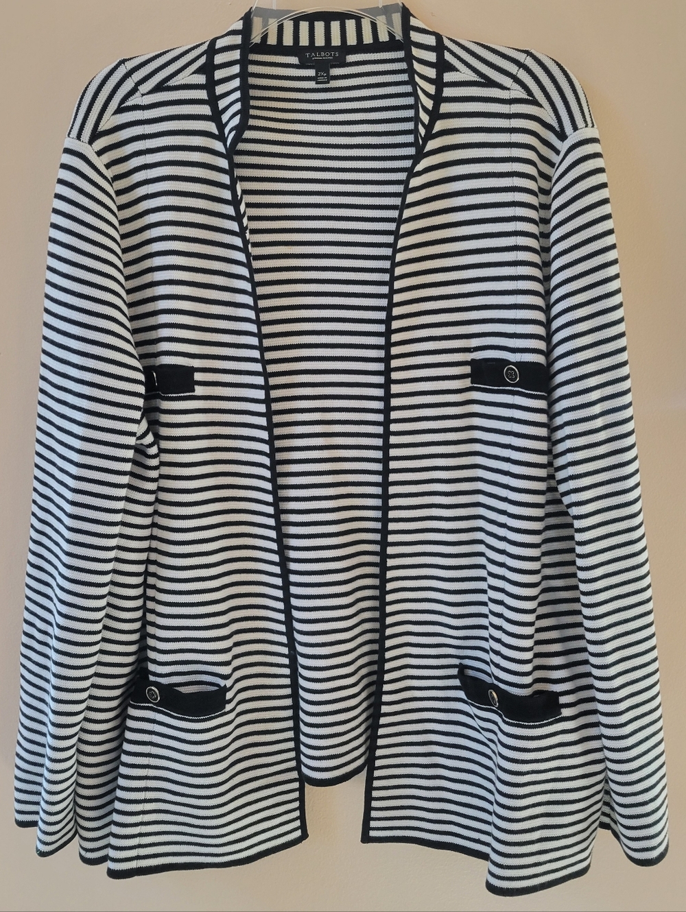 Talbots Black And White Striped Open Front Cardigan